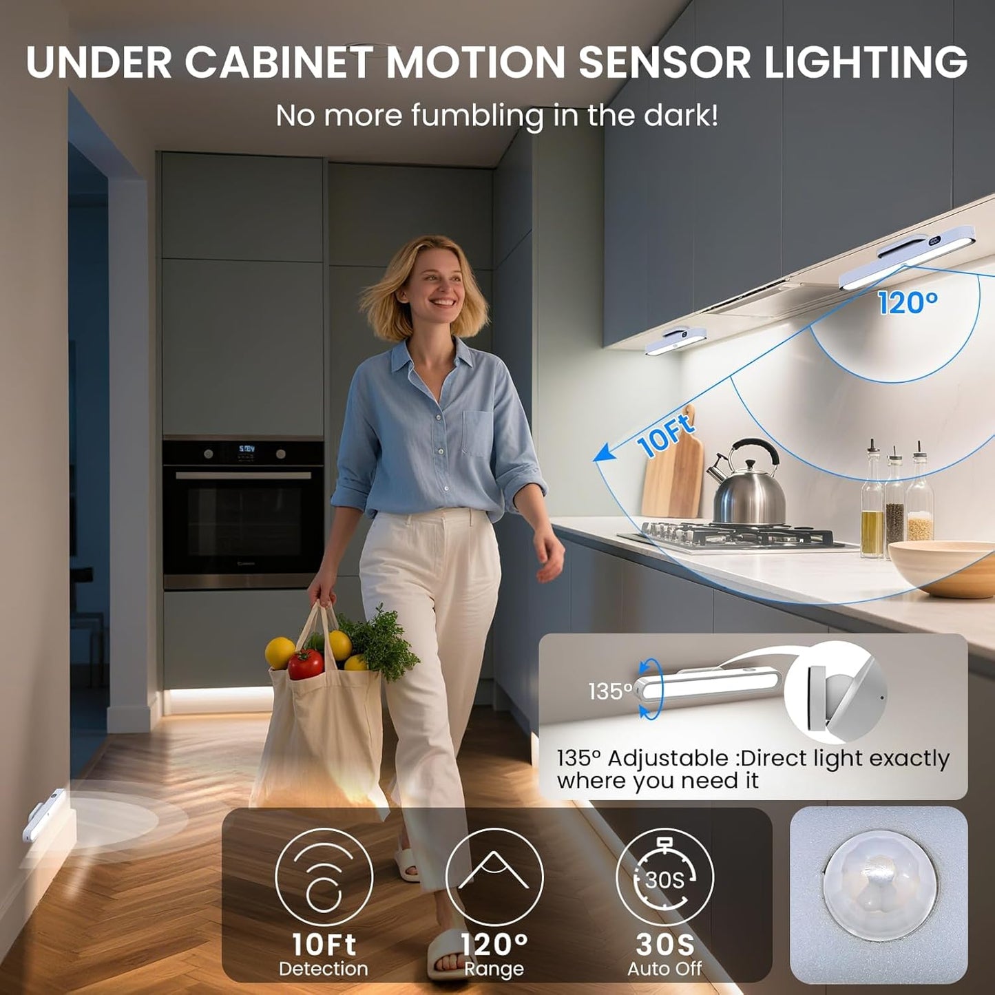 Motion Sensor Light Indoor with Battery Display,3000mAh Rechargeable Under Cabinet Lighting Magnetic Light Bar 300LM Battery Operated Closet Light Makeup Lights Stick On (White-A, Touch Control)
