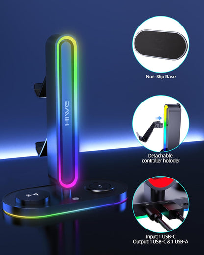 HiWe 4-in-1 RGB Gaming Headphone Stand with Dual Controller Holder, Wireless Charger for iPhone/Apple Watch, USB-A & USB-C Outputs, Adapter Included, Black