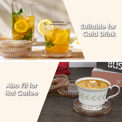 Modern Clear Coasters Set of 5- Glass Cute Coasters for Drinks Crystal Coaster Round Chic Cup Mat Cute Coffee Table Coaster for Kitchen, Bar, Dining Room, Living Room, Patio(Amber)