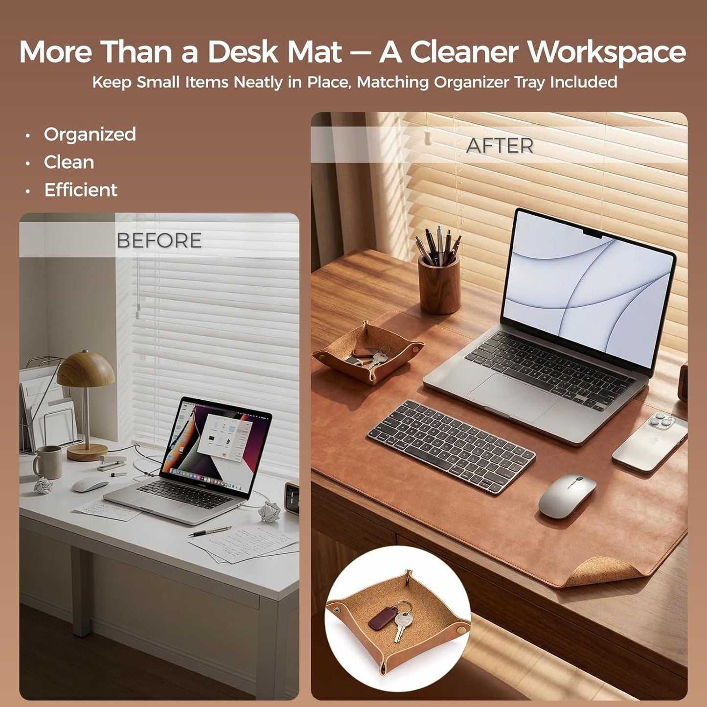 Premium Faux Leather Desk Mat & Tray Set，Innovative Cork-Look Printed Base，Gift Tube Packaging，Full-Desk Coverage，Non-Slip Desk Pad for Office Home（Olive Green）