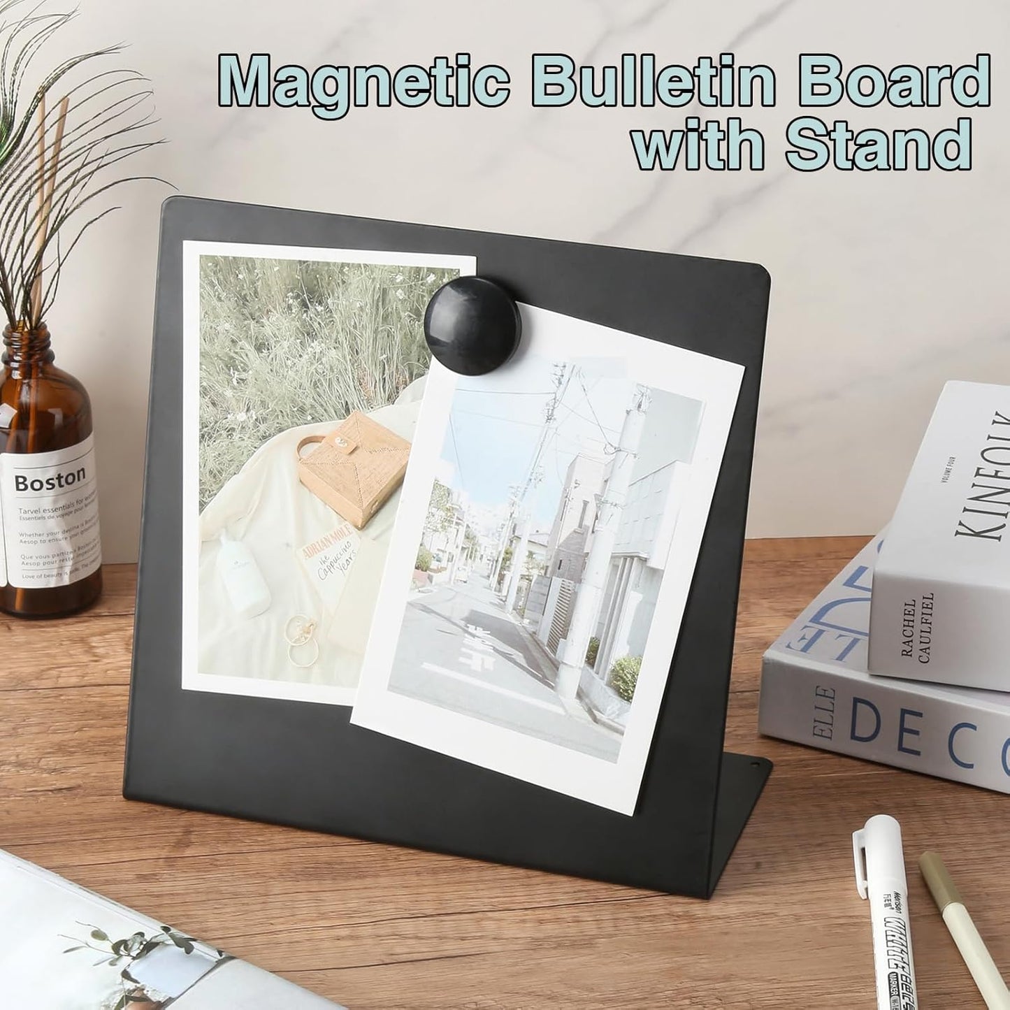 Magnetic Bulletin Board with Stand, 8x8inch Magnet Display Stand, Metal Tabletop Memo Board with 2 Magnets for Home, Kitchen, School, Office Supplies