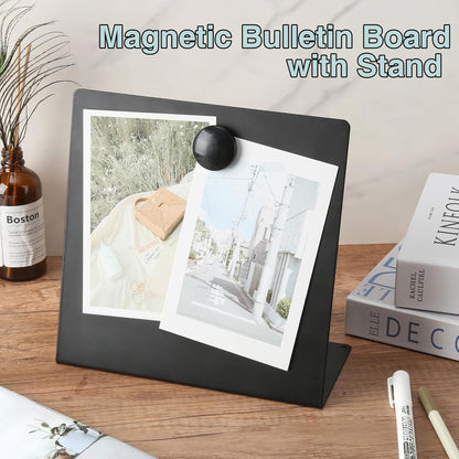 Magnetic Bulletin Board with Stand, 8x8inch Magnet Display Stand, Metal Tabletop Memo Board with 2 Magnets for Home, Kitchen, School, Office Supplies
