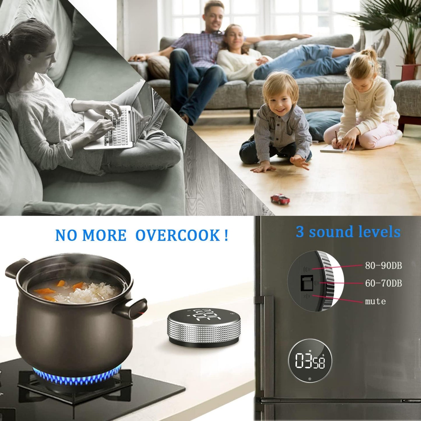 Timers, Kitchen Timer for Kids, Digital Countdown Magnetic Egg Timer for Cooking, with Constant Light Function for classrooms, Quiet for Children and Teachers…Black