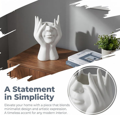 Pen Holder for Desk, Creative Face-Holding Art Sculpture Multi-Functional Organizer, Home Decor Figurine & Artificial Flower Vase Base, Desk Makeup Brush Holder, Unique Gift