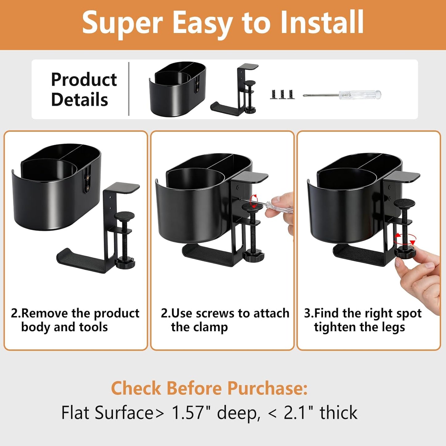 MYITYARD Desk Cup Holder Clamp, Anti-Spill Clip On Table Cup Holder, Rotatable Water Bottle Stand Drink Coffee Mug Storage, Office Accessories for Home and School (Black)