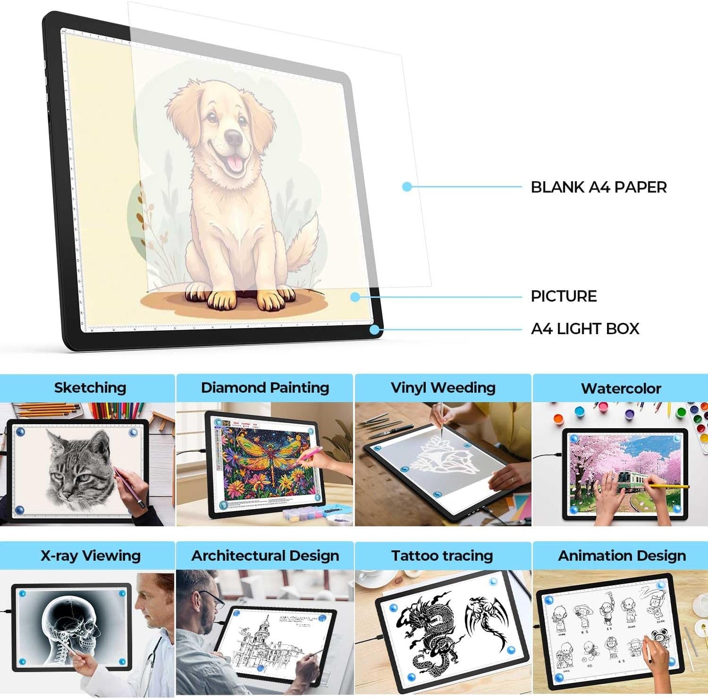Heanolier A4 LED Copy Board Light Tracing Box,Super Bright Magnetic Light pad with Side physical Buttons,Adjustable Corded Light Table for Tattoo Transferring,Drawing, Light Board for Diamond Painting