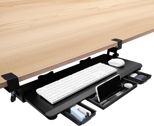 Large Height Adjustable Keyboard Tray with Sturdy C-Clamp Mount and Storage Drawer, 27"(31"Including Clamps) x 12" Slide Out Ergonomic Keyboard Trays for Home and Office, Black