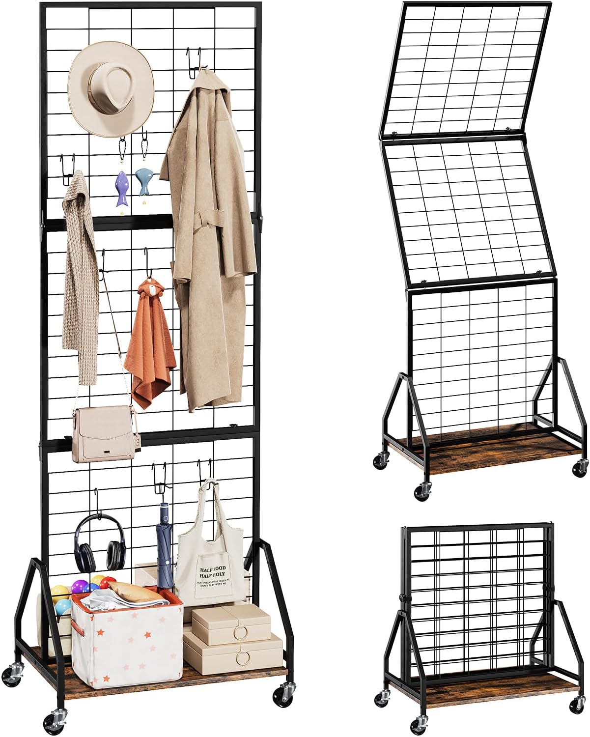 ELYKEN Foldable Grid Wall Panels 5.7' x 2' FT, Movable Wire Gridwall Display Rack with Wheels and Adjustable Foots, Retail Display Stand for Vendor with Storage (Rustic Brown)