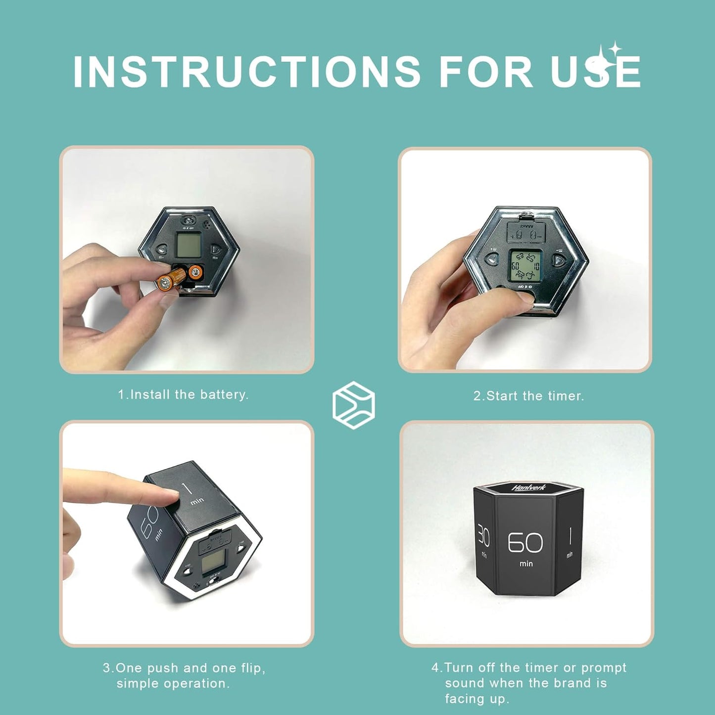 Hexagon Flip Timer, Kitchen Timer for Cooking, Various Time Presets, LCD Digital Display, Magnetic Suction, Mute Alarm Modes, Practical Gift Ideal for Study, Office, Gym, Kitchen, etc. (Black)