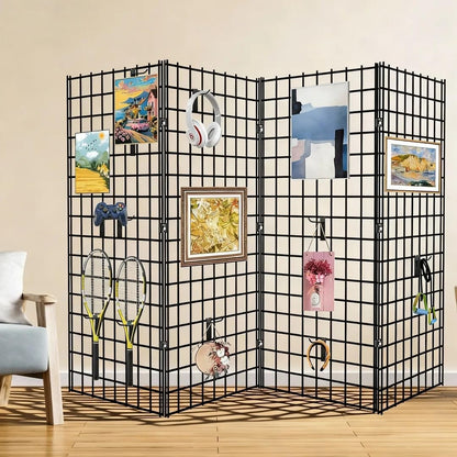 2' x 4' Black Gridwall Panels, 4-Pack Heavy-Duty Wire Grid Panel with 9 Connectors & 20 Hooks, Commercial & Home Wall Grid Display for Retail, Craft Shows, and Room Organization – 3" x 3" Grid