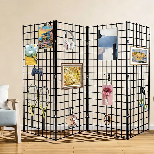 2' x 4' Black Gridwall Panels, 4-Pack Heavy-Duty Wire Grid Panel with 9 Connectors & 20 Hooks, Commercial & Home Wall Grid Display for Retail, Craft Shows, and Room Organization – 3" x 3" Grid
