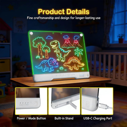 16-Inch Rechargeable Doodle Glow LED Note Board, 7-Color Light Modes, Neon Art Dry Erase Light Up Drawing Pad with Built-in Stand, Sketching Gift Toy for Kids/Girls/Teens, 5 Markers & Tracing Book