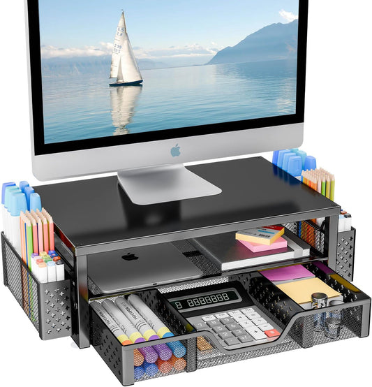 Simple Trending Desk Organizer and Accessories, 2 Tier Computer Metal Monitor Stand Riser with Drawer and Pen Holder for Laptop, Computer, iMac, Black