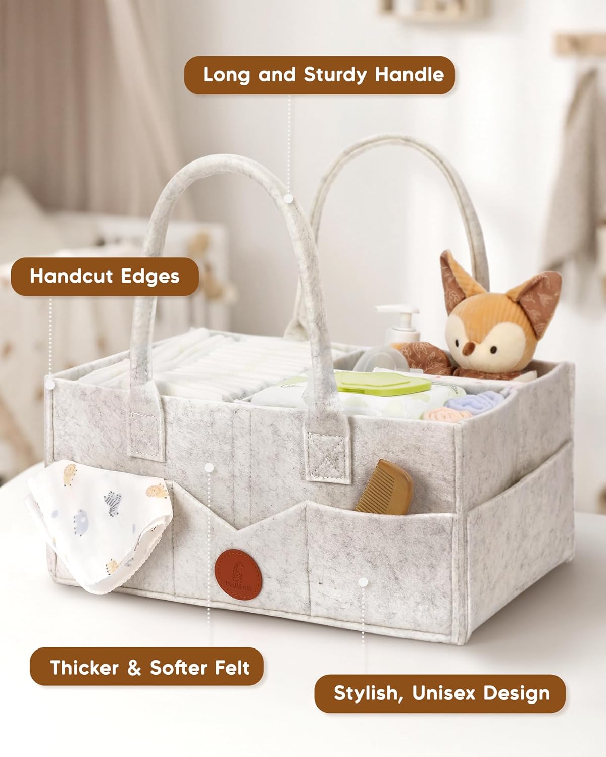Maliton Baby Diaper Caddy Organizer for Changing Table, Nursery Storage Bin Basket with Handle, Felt Diaper Organizer Suitable for Indoor Outdoor (Khaki)