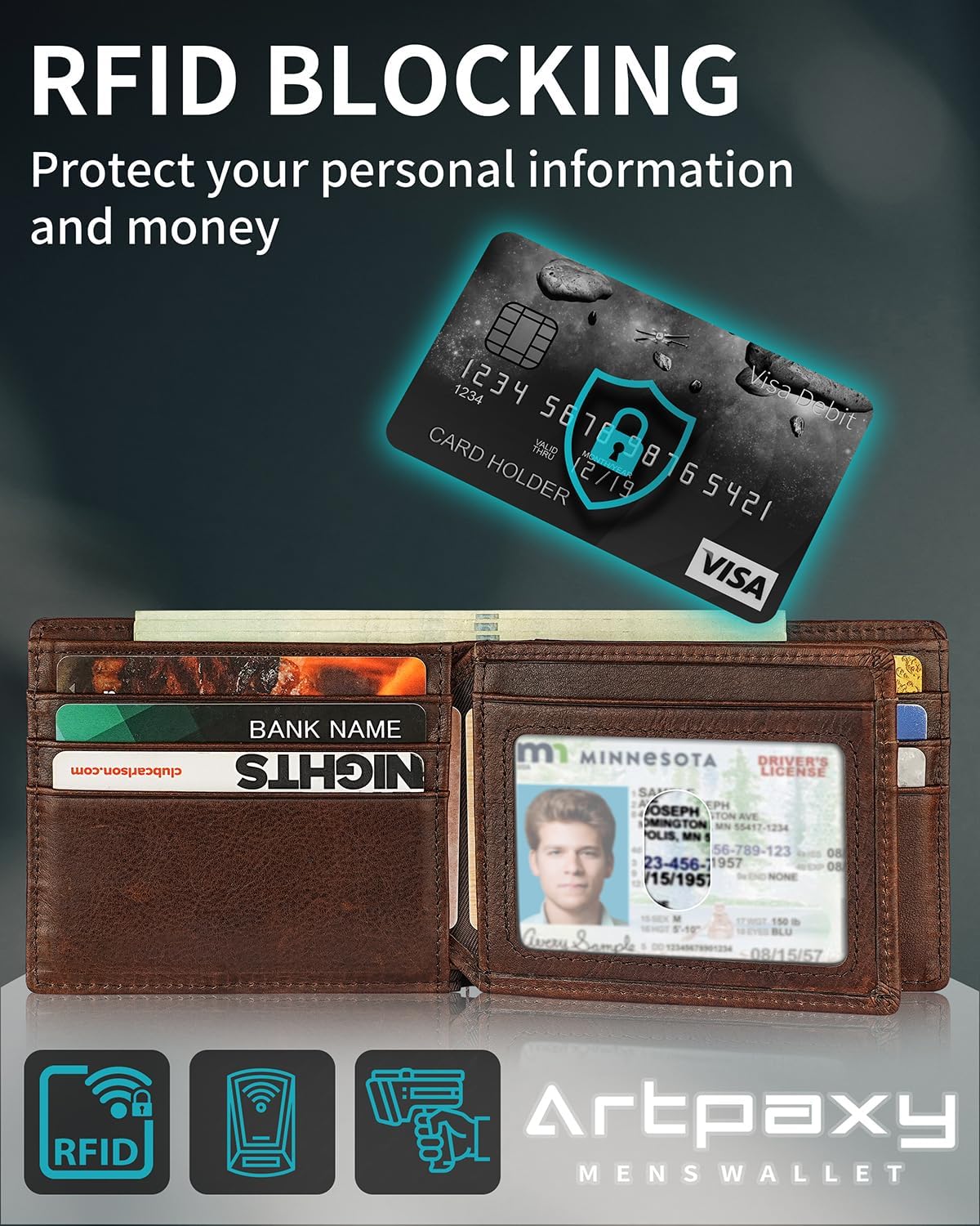 Mens Wallet With AirTag Holder, Bifold Leather RFID Blocking 1-2 ID Windows 12-13 Card Holders, Gift Box and Screen Protector Included, AirTag Not Included