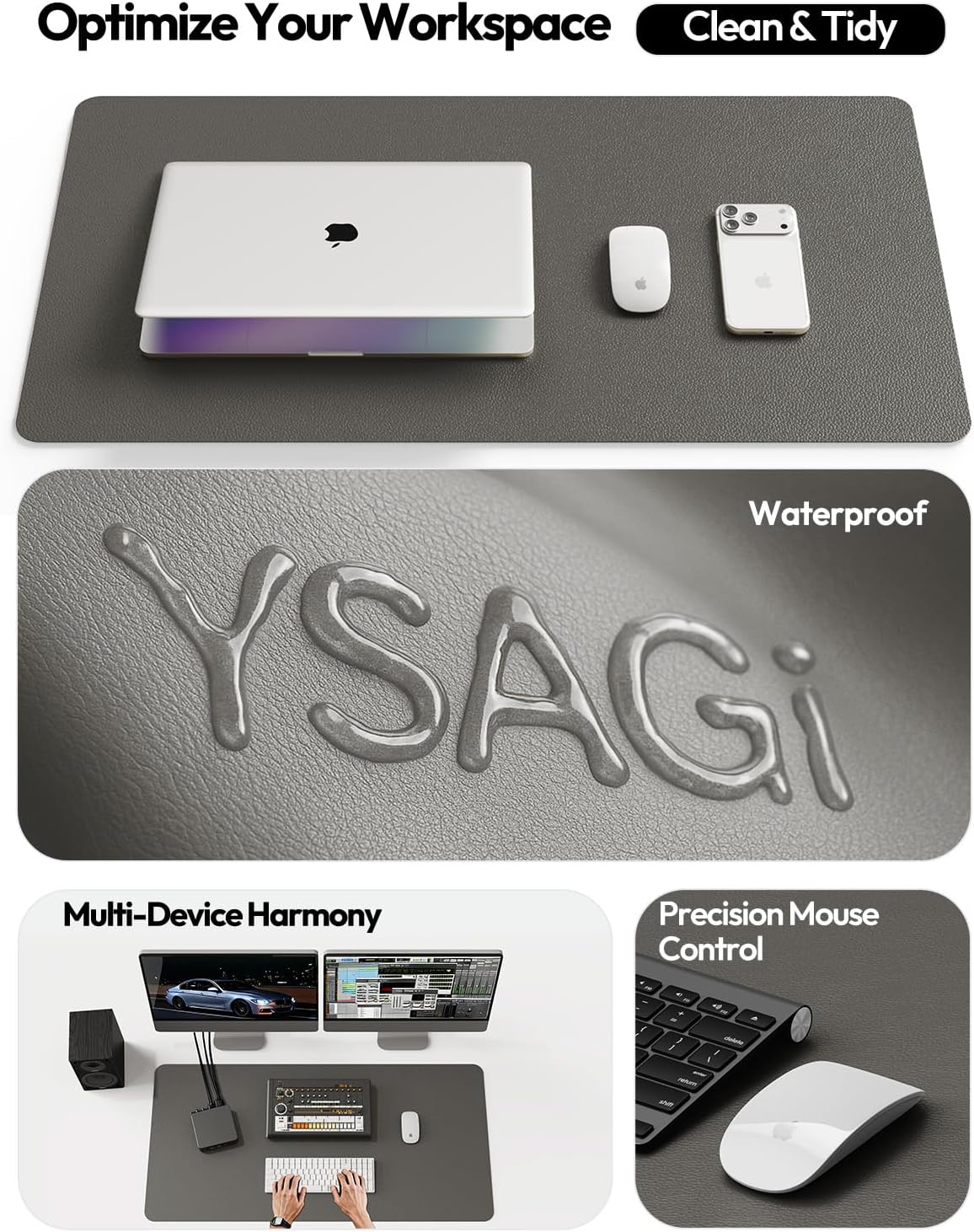 YSAGi Leather Desk Protector, Office Mat, Large Mouse Mat, Non-Slip PU Leather Blotter, Laptop Desk Mat, Waterproof Writing Pad for Office and Home (Black, 31.5" x 15.8") - Colors B