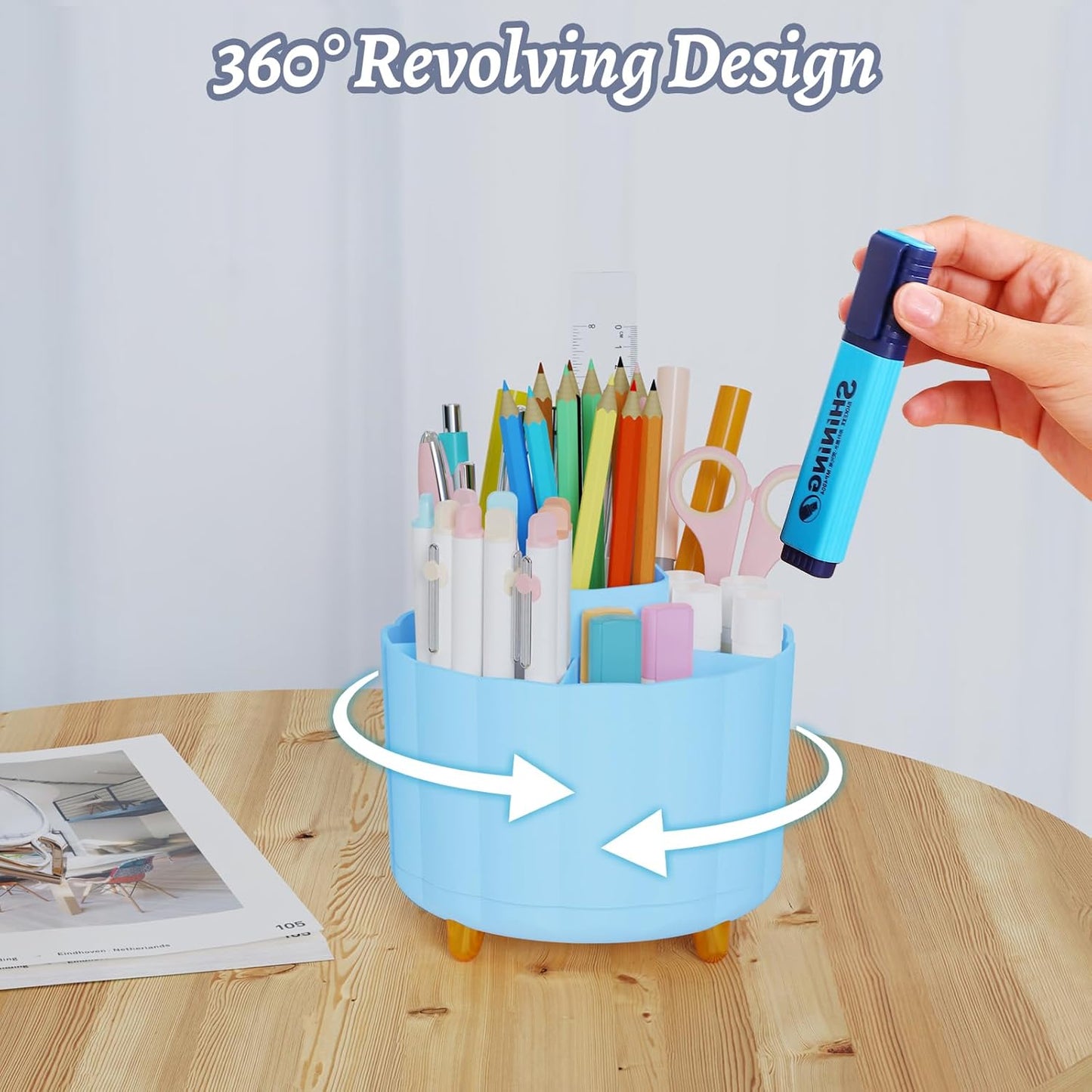 360 Rotating Pencil Pen Holder for Desk, White Pen Organizer with 6 Slots, Cute Office Supplies, Desk Accessories for Office, School, Home