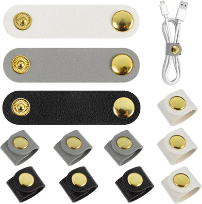 10 Pcs Cord Organizer, Portable Leather Cable Cord Stocking Stuffers for Men USB Straps Earphone Winder with Leather Handmade (Brown/white)