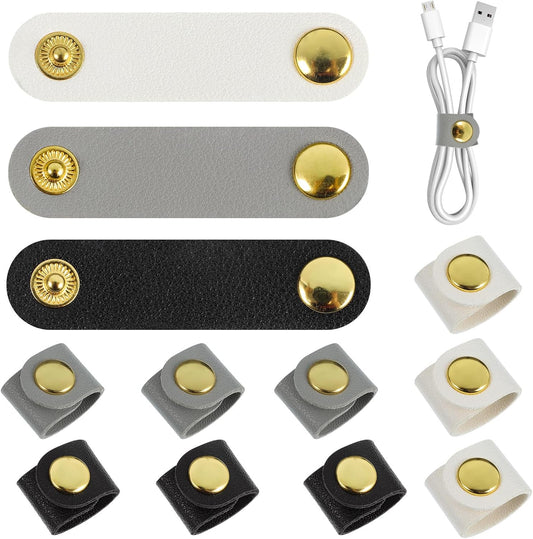 10 Pcs Cord Organizer, Portable Leather Cable Cord Stocking Stuffers for Men USB Straps Earphone Winder with Leather Handmade (Brown/white)
