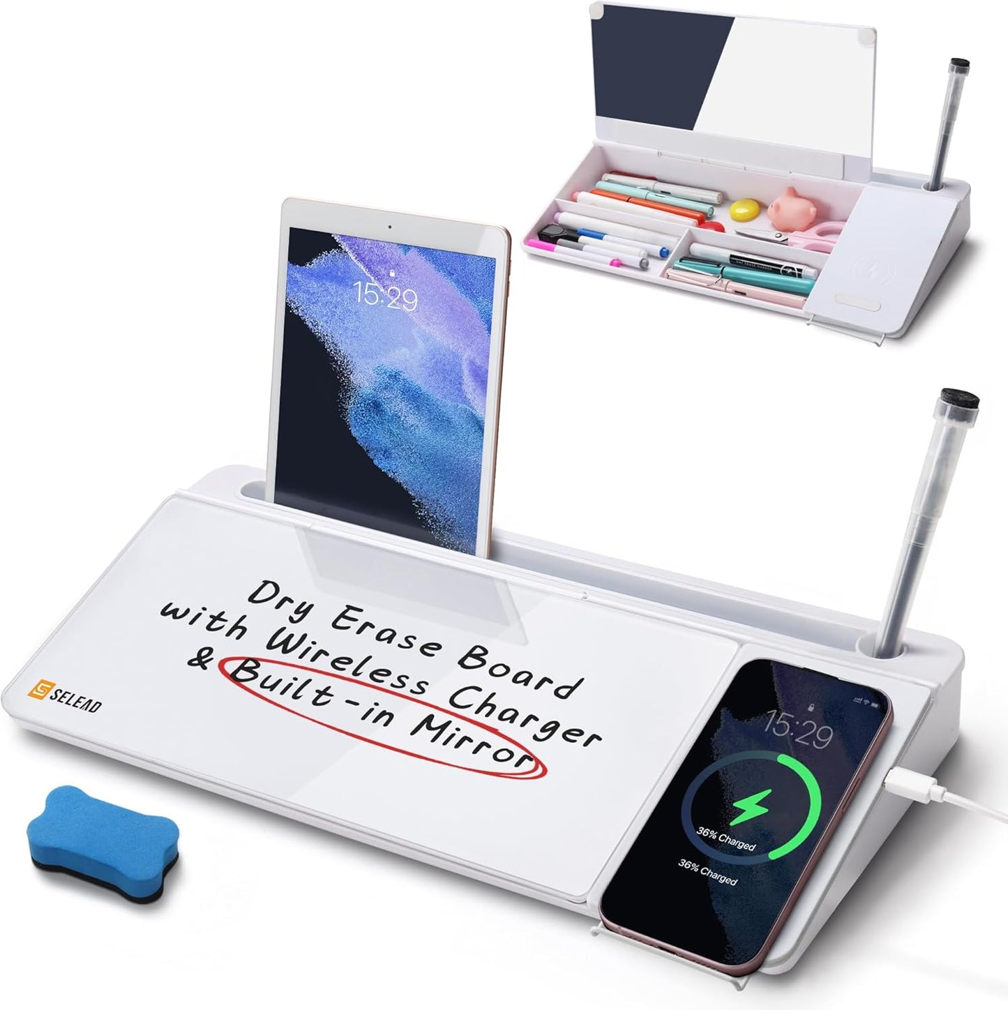 SELEAD Desktop Glass Whiteboard with Wireless Charger Station, Dry Erase Board Computer Pad Keyboard Stand with Organizer for Home, School, Office Desk Accessories, Black