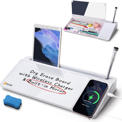 SELEAD Desktop Glass Whiteboard with Wireless Charger Station, Dry Erase Board Computer Pad Keyboard Stand with Organizer for Home, School, Office Desk Accessories, Black