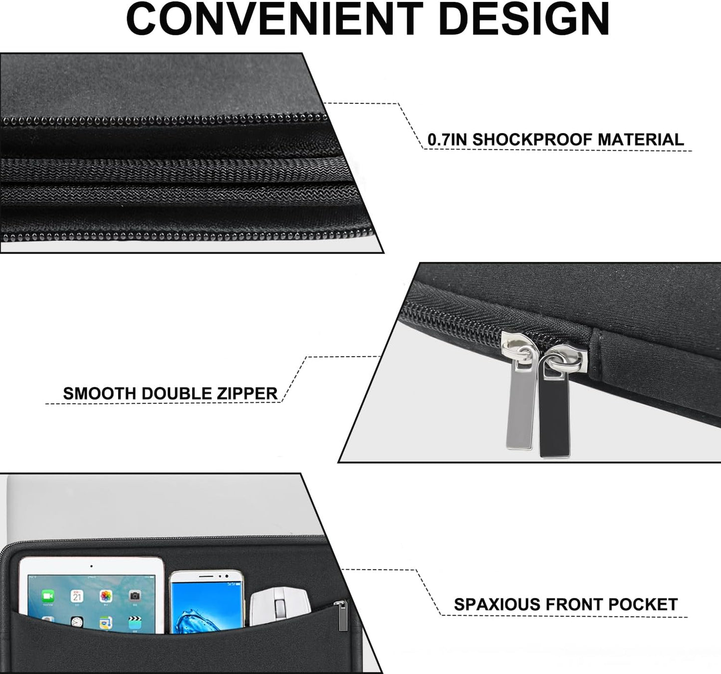 Laptop Sleeve Case 14 inch, Shockproof Protective Laptop Cover Briefcase Carrying Computer Bag with Accessory Pocket Portable Computer Sleeve for 14" MacBook, HP, Dell, Lenovo, Acer, Black