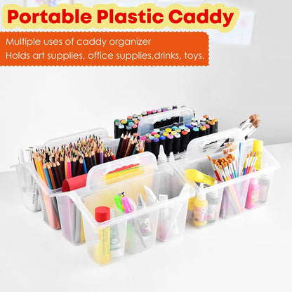 ALINK Classroom Caddy Storage Basket with Handle, 6 Pack Plastic Arts Office Crafts Caddy 4 Compartments for Kids, Pencil, Crayon, Marker, School Supplies - Clear