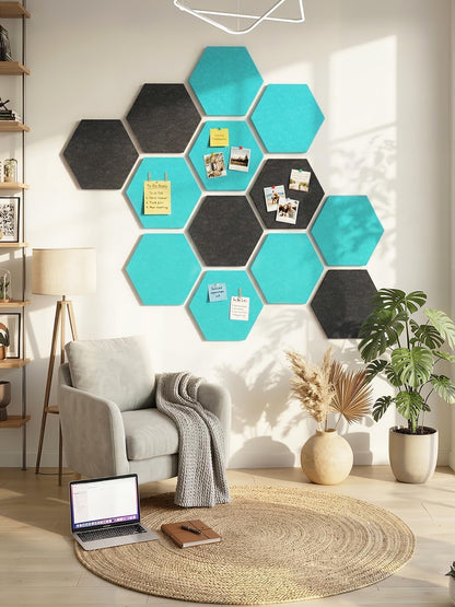 8 Pack Hexagon Felt Bulletin Board Tiles - 12" Large Thick Pin Board for Walls with 30 Push Pins, DIY Boards for Office Home School Decor, Aesthetic Hex Cork Board Alternative