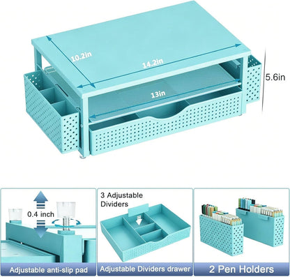 Spacrea Desk Organizer and Accessories, Computer Monitor Stand Riser with Drawer and 2 Pen Holders, Office Desk Accessories & Workspace Organizers for Office Supplies (Wood)