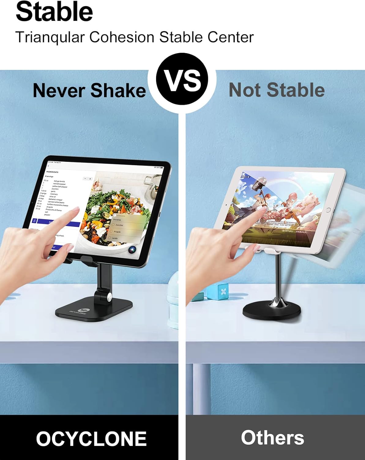 OCYCLONE Phone Stand, Cell Phone Stand Holder for Desk Office Accessories Adjustable Height and Angle Foldable iPhone Stand Compatible with 4"-13" All Phones iPad Tablet - Black