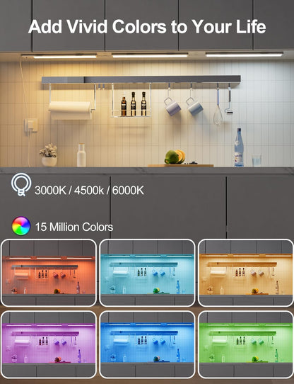Diomart RGB Under Cabinet Lights with Remote, Dimmable Plug-in/Hardwired LED Light Bar for Kitchen Counter, 12 Inch, 3 Pack | Multi-Color Modes for Desk, Closet