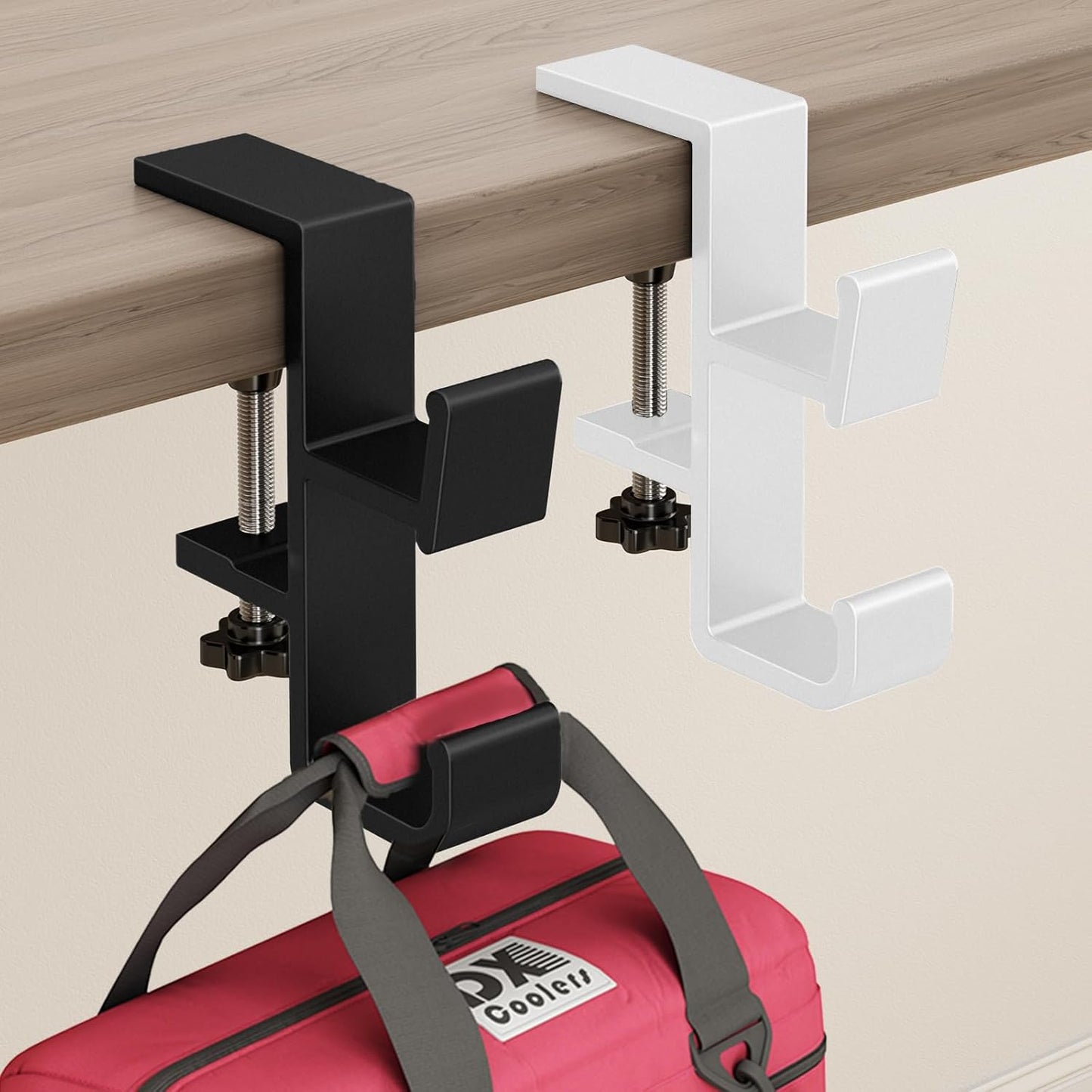 Desk Hook for Bag, Purse Hook for Table, Under Desk Handbag Hanger, Aluminum Backpack Holder, Desk Mount Hook for Umbrellas, Headphone, Cream