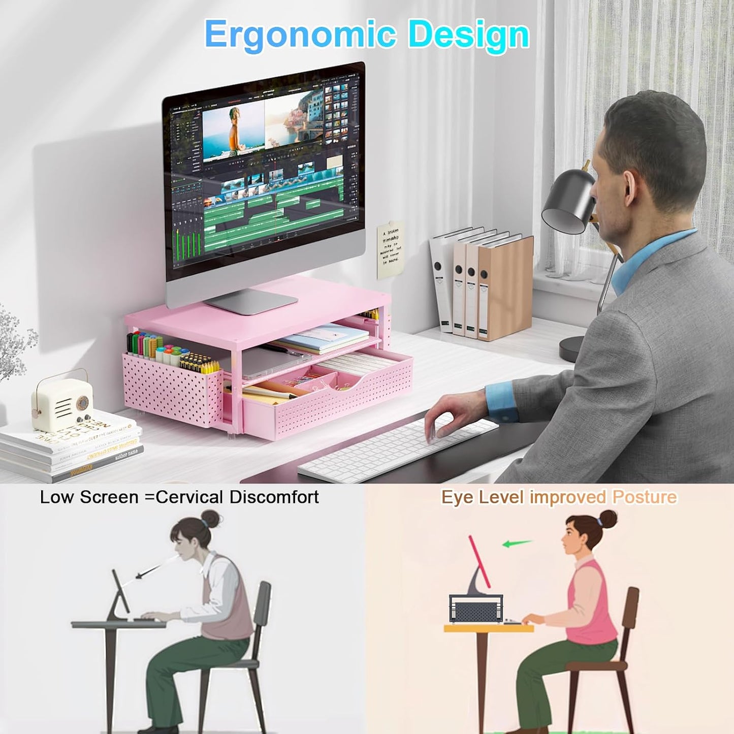 gianotter Monitor Stand Riser, Office Desk Shelf Organizer, Desk Organizer with Drawer and Pen Holder, 2-Tier Computer Stand, Office Organization (Ink)
