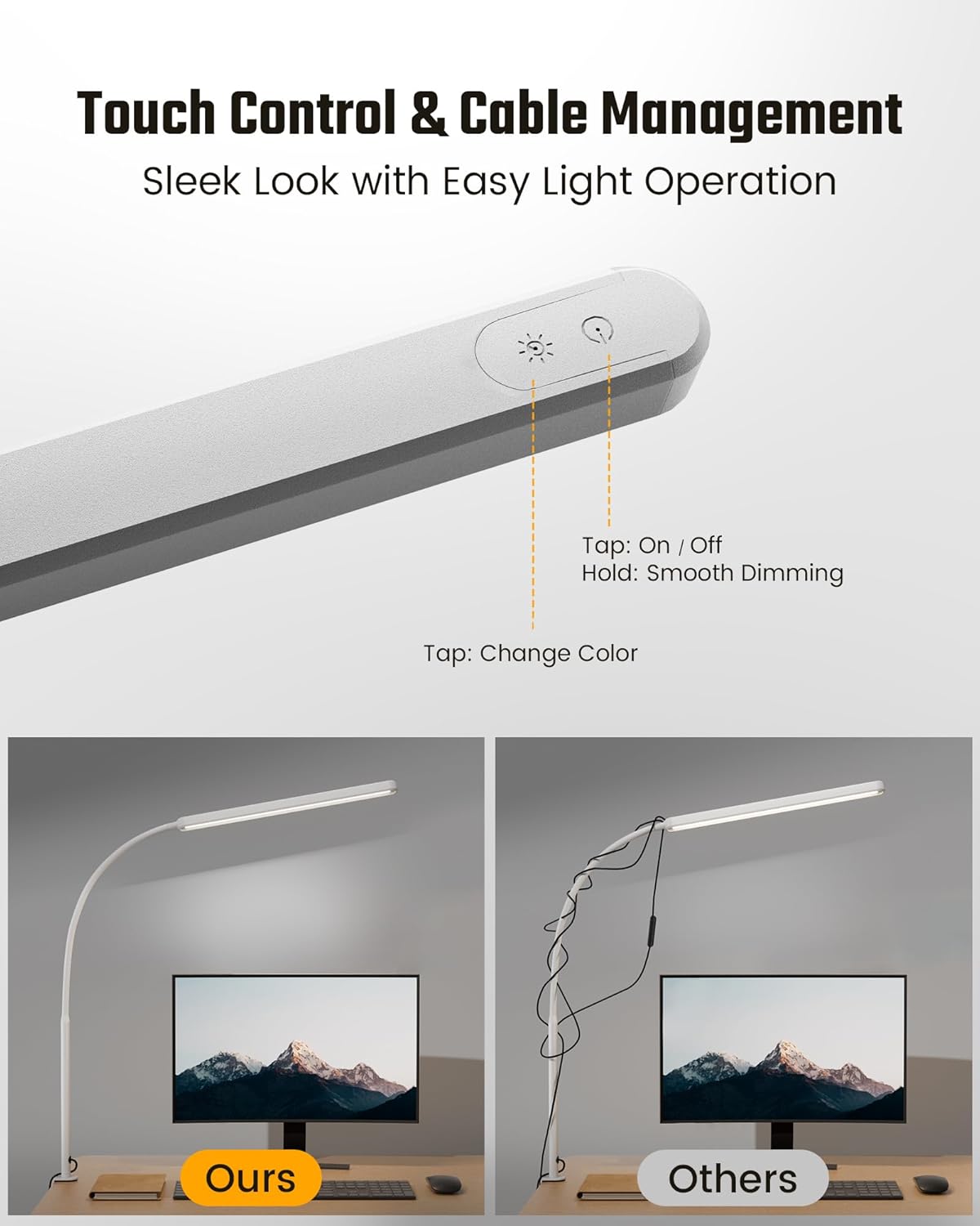SUPERDANNY Eye-Caring LED Desk Lamp 360° Flexible Gooseneck Work Lamp with Desk Side Clamp Touch Control 3 Light Colors Smooth Dimming Task Lighting Reading Light for Home Office College Dorm, Black