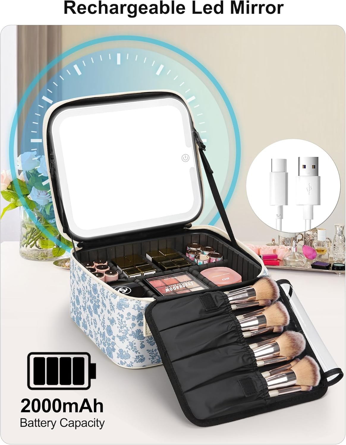 Relavel Travel Makeup Bag With LED Mirror, Cosmetic Train Case with Light up Mirror, Portable Makeup Artist Organizer Bag with Adjustable Dividers, Makeup Brush Holder Storage, Black