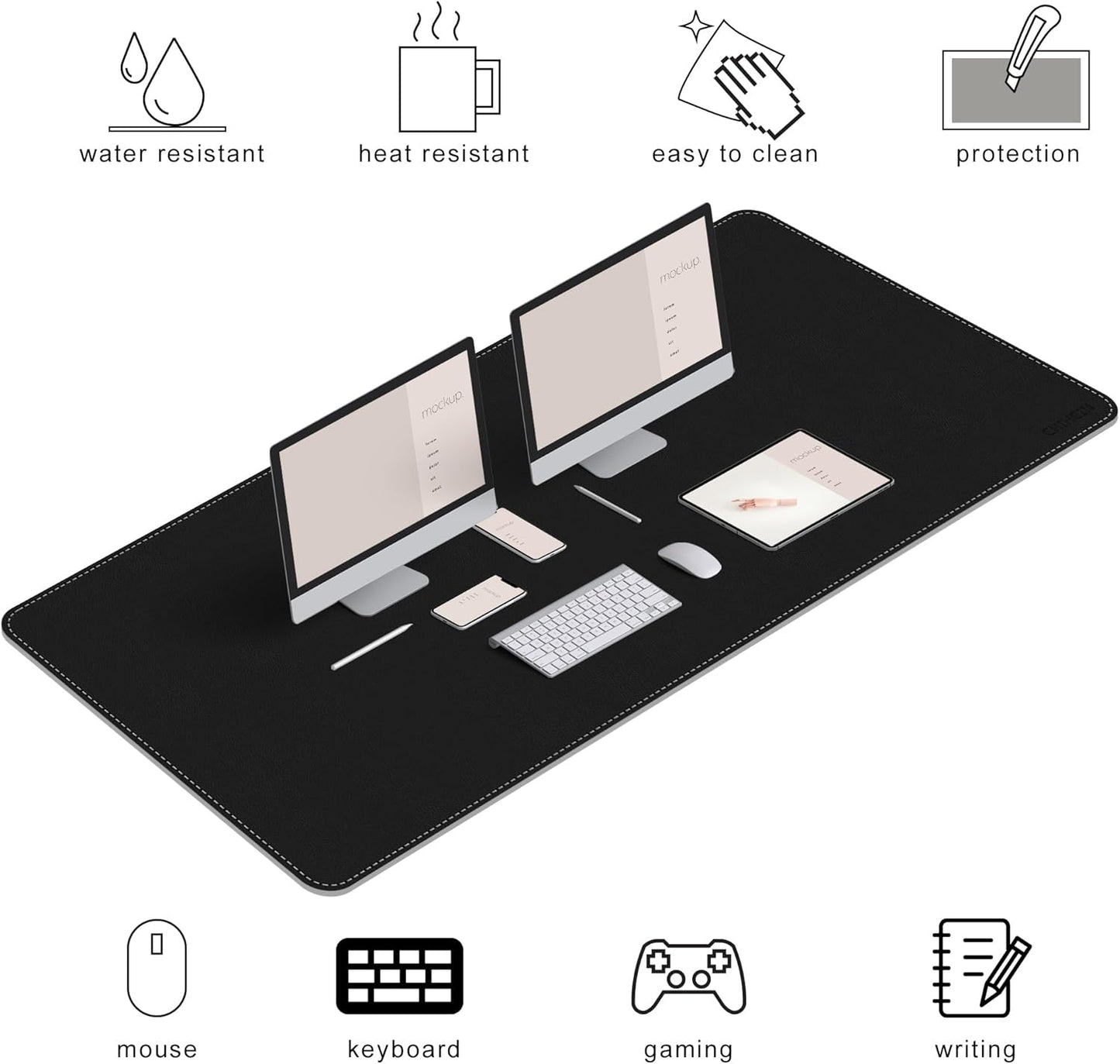 Chihein 2XL 35" x 16" Cork & PU Leather Desk Mat, Dual Sided Desk Pad Protector, Waterproof Writing Blotter for Gaming, Office, Home (Black)