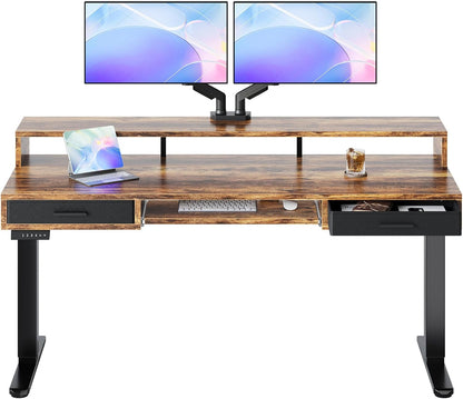 HUANUO 55″ x 26″ Electric Standing Desk with 2 Drawers &24.4″ Large Keyboard Tray, C-Clamp Mount Compatible, Adjustable Computer Desk for Office, Sit Stand Up Desk with 4 Height Presets, Light Walnut