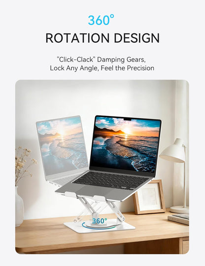 SOUNDANCE 360 Rotating Laptop Stand, Ergonomic Computer Riser for Desk, Adjustable Height Multi-Angle Metal Holder, Foldable Portable Notebook Elevating Base for Office & Home, White
