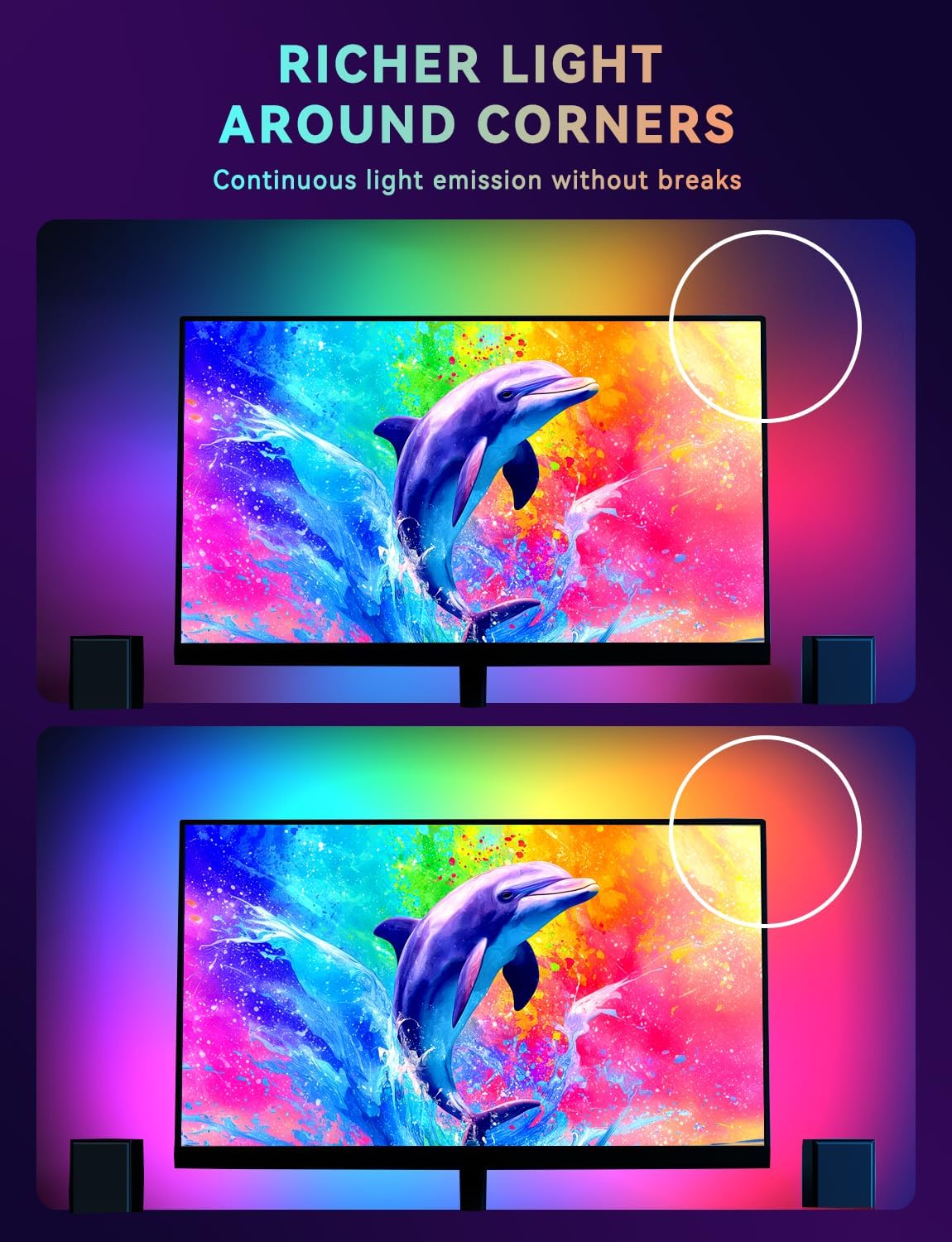 Soleil X6 LED Monitor Backlight for PC & Mac, Strip Light Sync to 24″-34″ Screens, Ambient Lighting for Games/Movies/Music, Dual USB Ports, Software Control with Built-in AI Function (For 24″ Monitor)