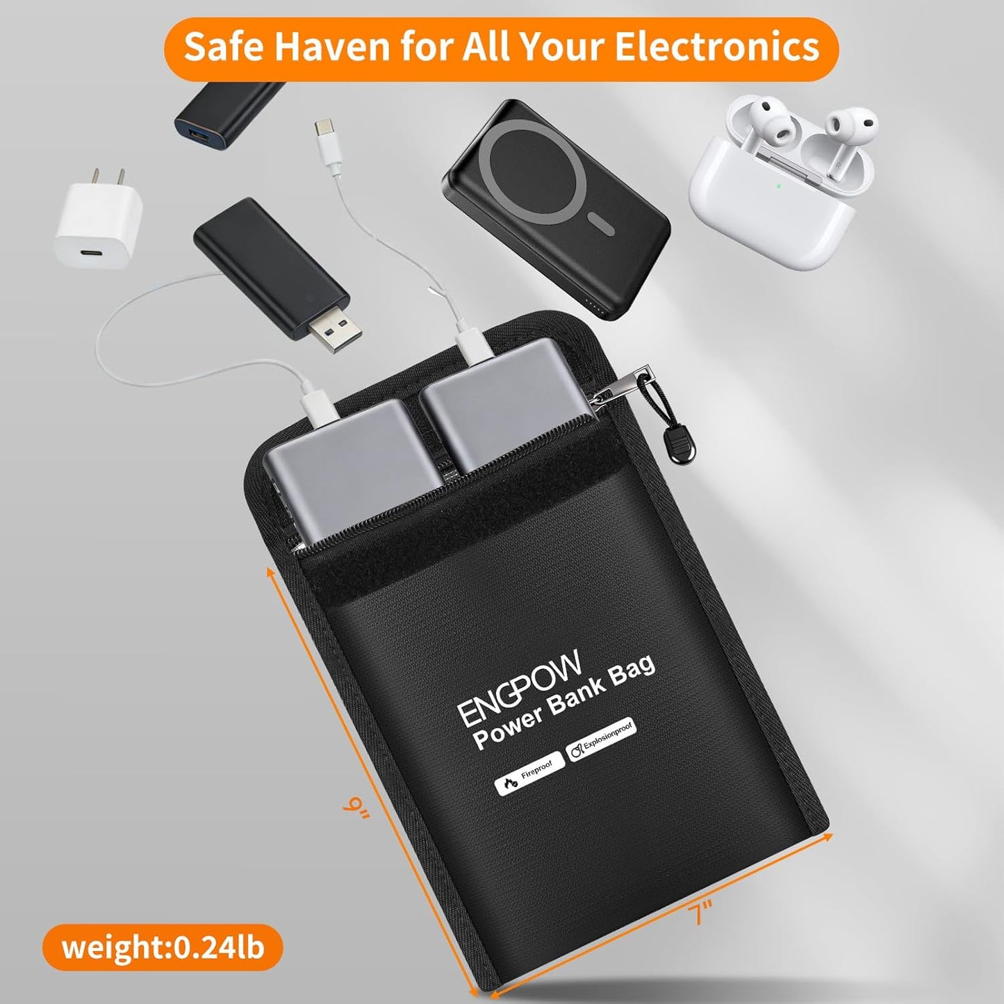 ENGPOW Fireproof Organizer Travel Bag,Heat Insulated＆Explosion-Proof Electronic Carry Case,Portable Home Travel Safe Storage for Power Bank,Phone,Cables,USB Drive＆Charging Protection, 10.6''x6.7''