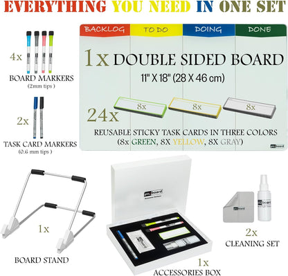 Desktop Kanban Board & Whiteboard (Double-Sided) 18” x 11” Glass Dry Erase Board with Stand, 24 Reusable Task Cards, 6 Markers – Scrum Agile Project Management Desk Planner