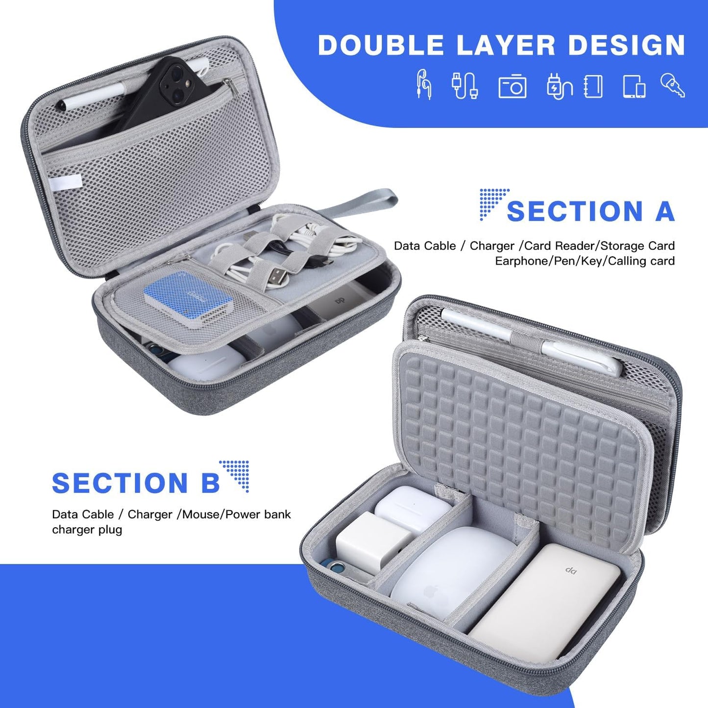 Hard Travel Electronic Organizer Case for MacBook Power Adapter Chargers Cables Power Bank Apple Magic Mouse Apple Pencil USB Flash Disk SD Card Hard Drive Waterproof Shockproof Carrying Bag, Black