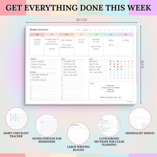 Weekly Dashboard To-Do List Notepad – Undated Weekly Planner with Habit Tracker & Notes – Minimalist A4 Layout for Productivity, Organization & Time Management (Mono)