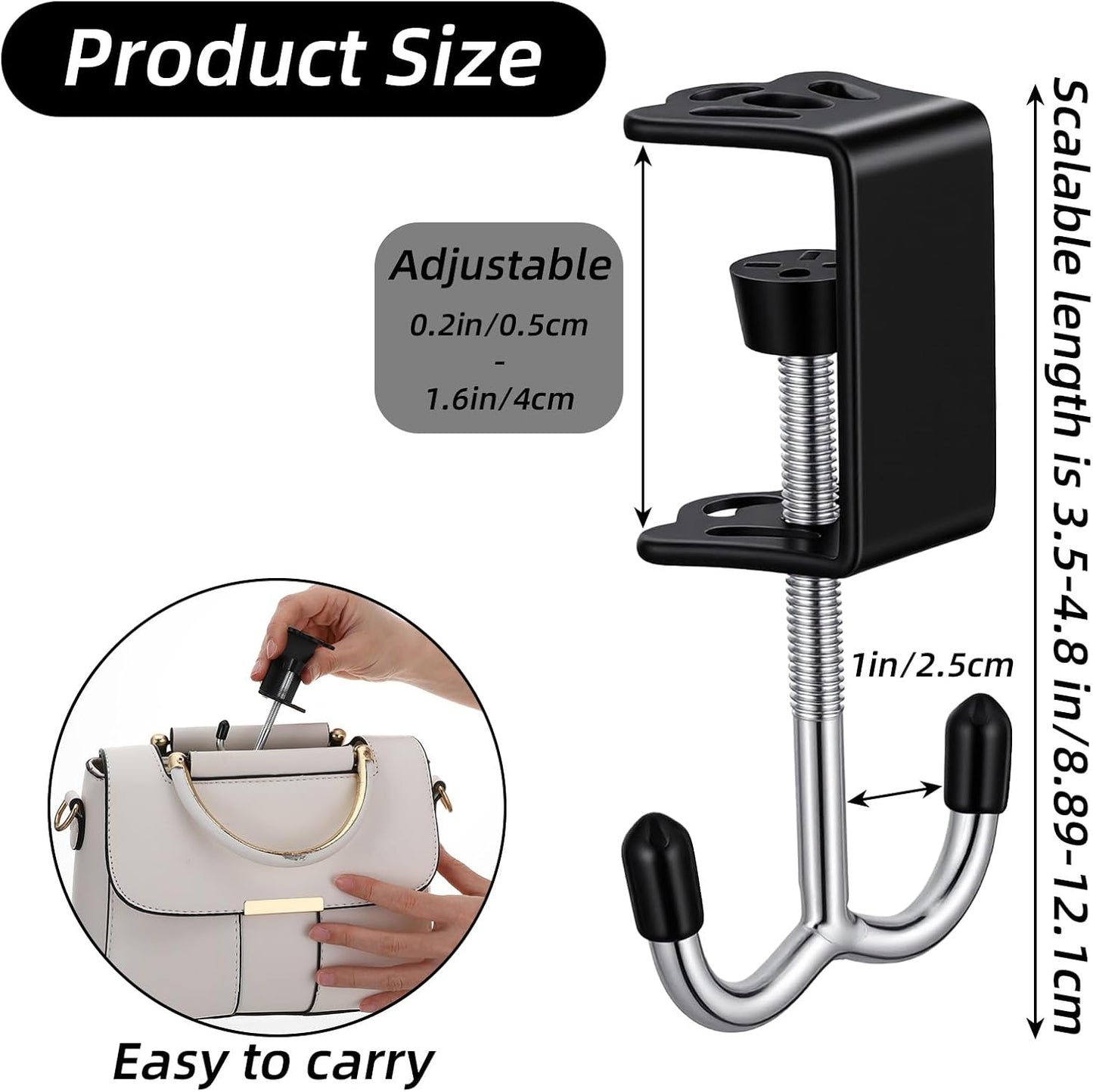 2PCS Heavy-Duty Purse Hooks for Table and Desk, Clamp-On Under Desk Hooks, Table Alloy Hanger, Adjustable Desktop Bag Hook for Handbag, Backpack, Headphone, Umbrellas, Office-Table Accessories (Black)