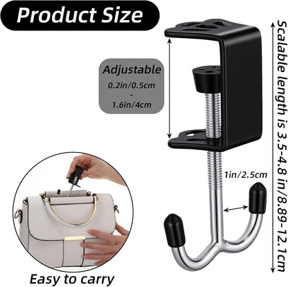 2PCS Heavy-Duty Purse Hooks for Table and Desk, Clamp-On Under Desk Hooks, Table Alloy Hanger, Adjustable Desktop Bag Hook for Handbag, Backpack, Headphone, Umbrellas, Office-Table Accessories (Black)