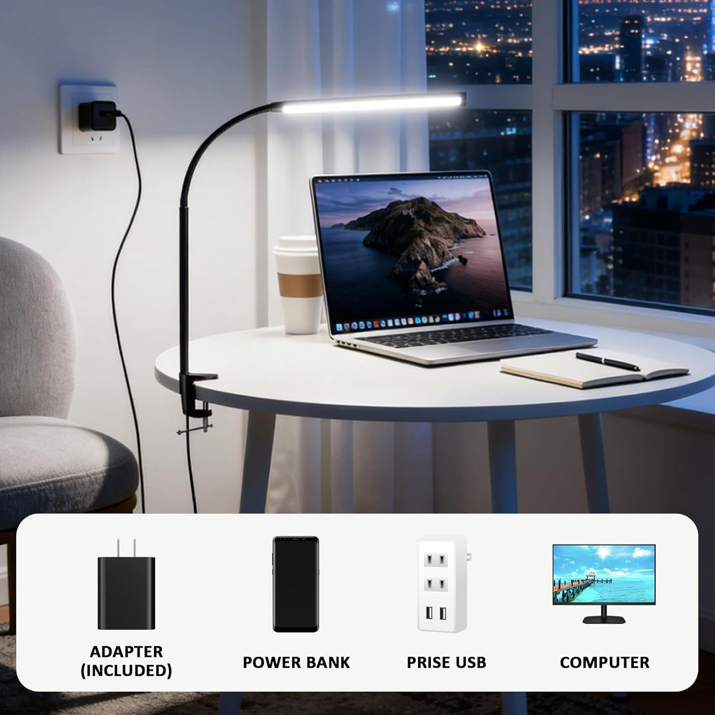 Akynite LED Desk Lamp with Clamp Clip on Reading Light Dimmable USB Small Clamp Lamp with 3 Color Modes 10 Brightness, Adjustable Flexible Gooseneck Workbench Light for Bed Headboard, Nail, Computer