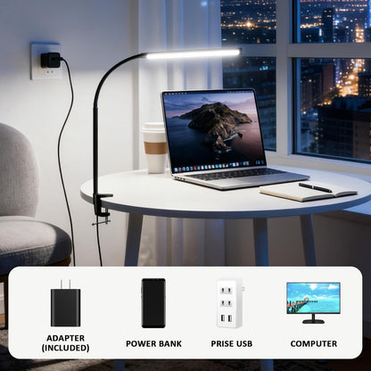 Akynite LED Desk Lamp with Clamp Clip on Reading Light Dimmable USB Small Clamp Lamp with 3 Color Modes 10 Brightness, Adjustable Flexible Gooseneck Workbench Light for Bed Headboard, Nail, Computer