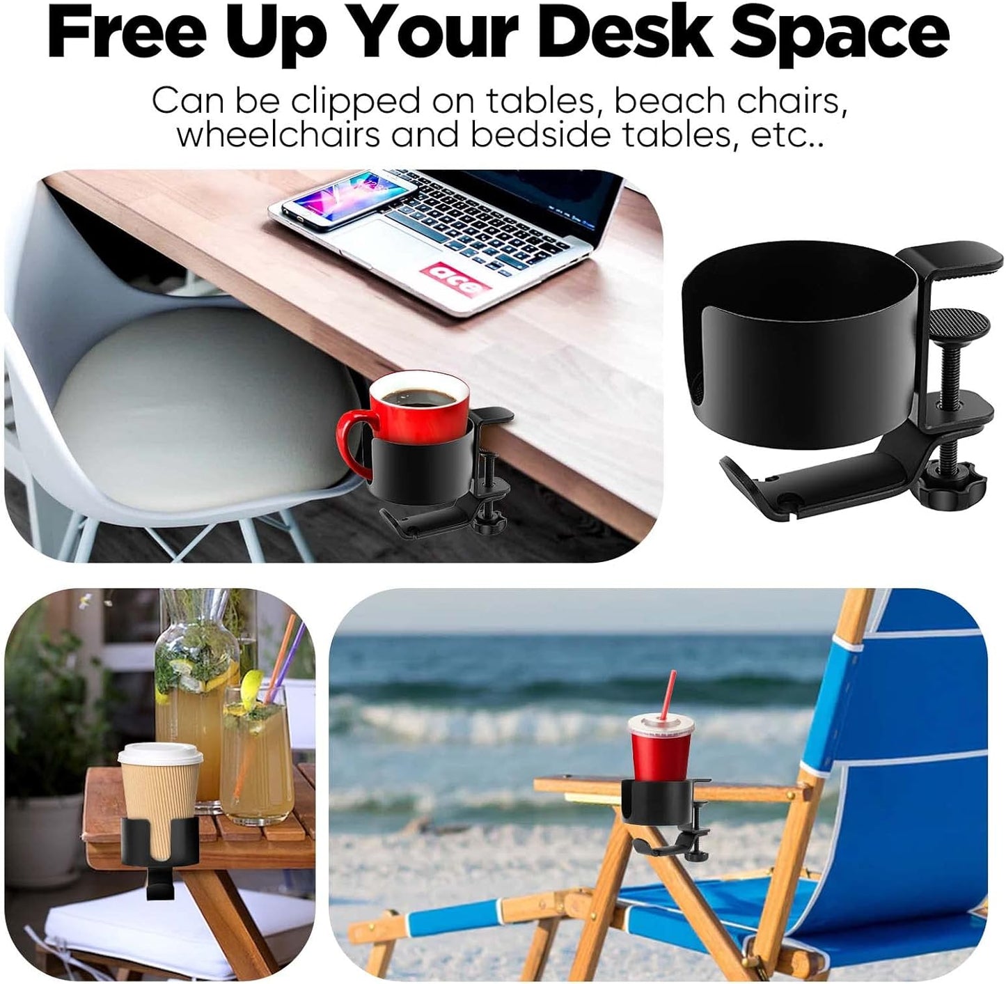OOKUU 2 in 1 Desk Cup Holder with Headphone Hanger, Anti-Spill Cup Holder for Desk or Table, Easy to Install, Sturdy and Durable, Enough to Hold Coffee Mups, Water Bottles, Headphones