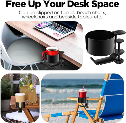 OOKUU 2 in 1 Desk Cup Holder with Headphone Hanger, Anti-Spill Cup Holder for Desk or Table, Easy to Install, Sturdy and Durable, Enough to Hold Coffee Mups, Water Bottles, Headphones
