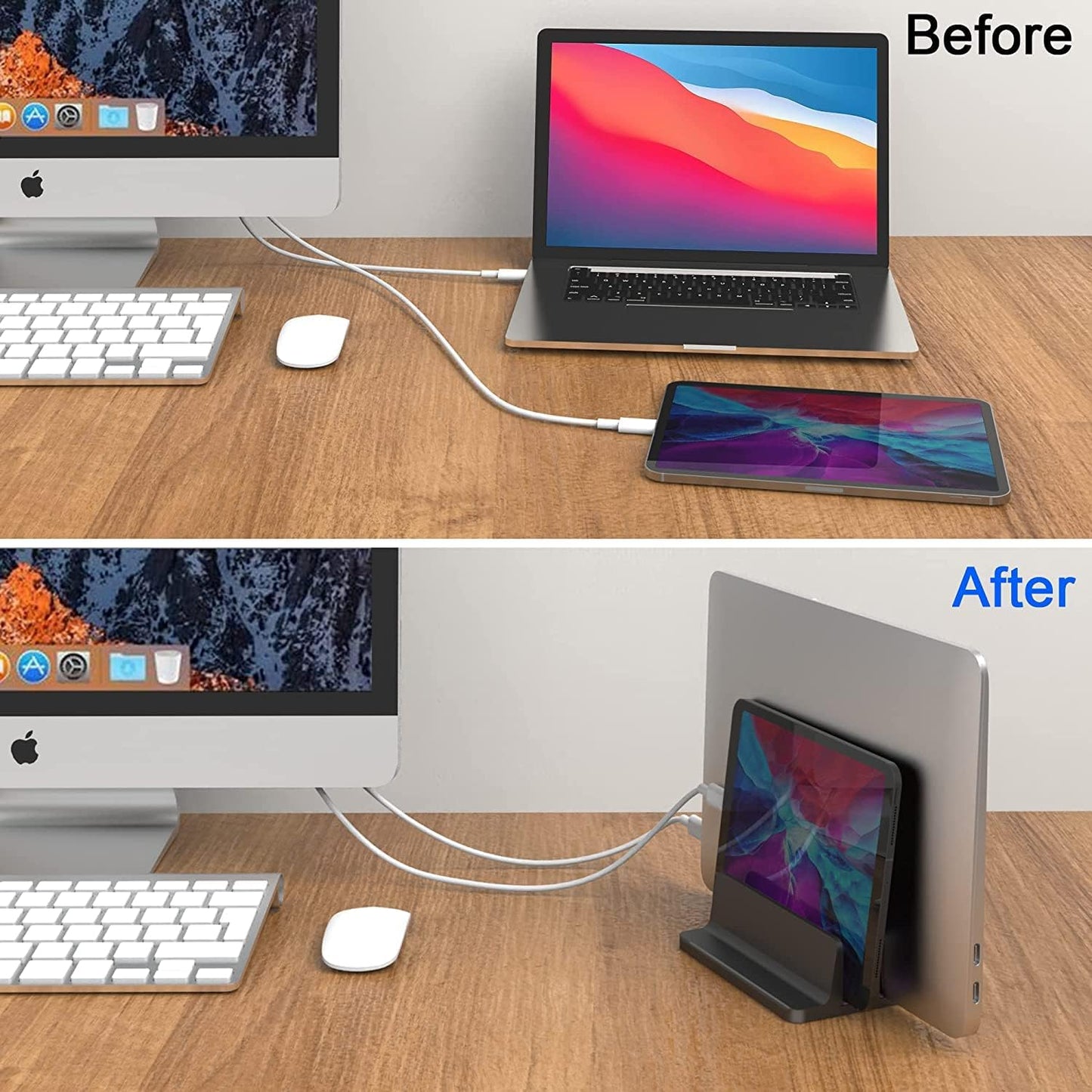 Double Slot Vertical Laptop Tablet Stand Mount Space -Saving Storage for MacBook Laptop Chromebook Tablet,Smartphone (Black)